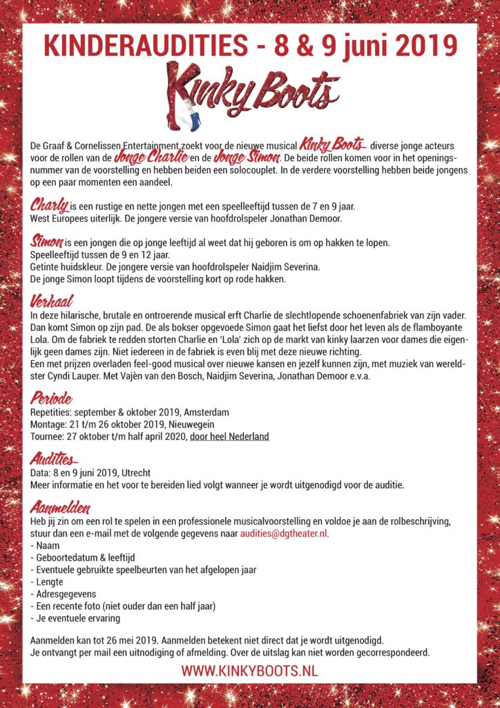 Auditie-oproep: jongens (7-9 en 9-12 jaar) voor 'Kinky Boots'